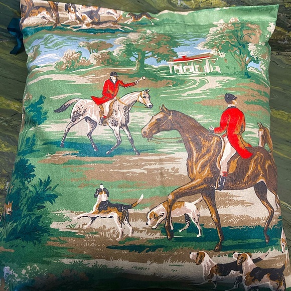 Chintz Equestrian Tote Pillow Cover Vintage Horses Hunting Hounds New